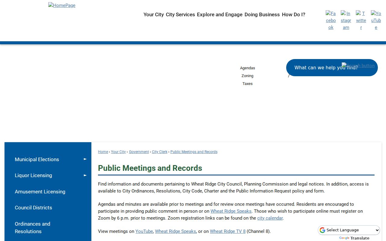 Wheat Ridge residents directory public meetings and records reference