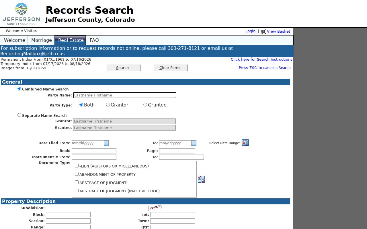 Wheat Ridge street directory Jefferson County recorder deed index